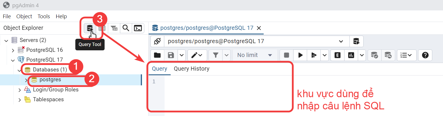 Cách mở công cụ Query Tool