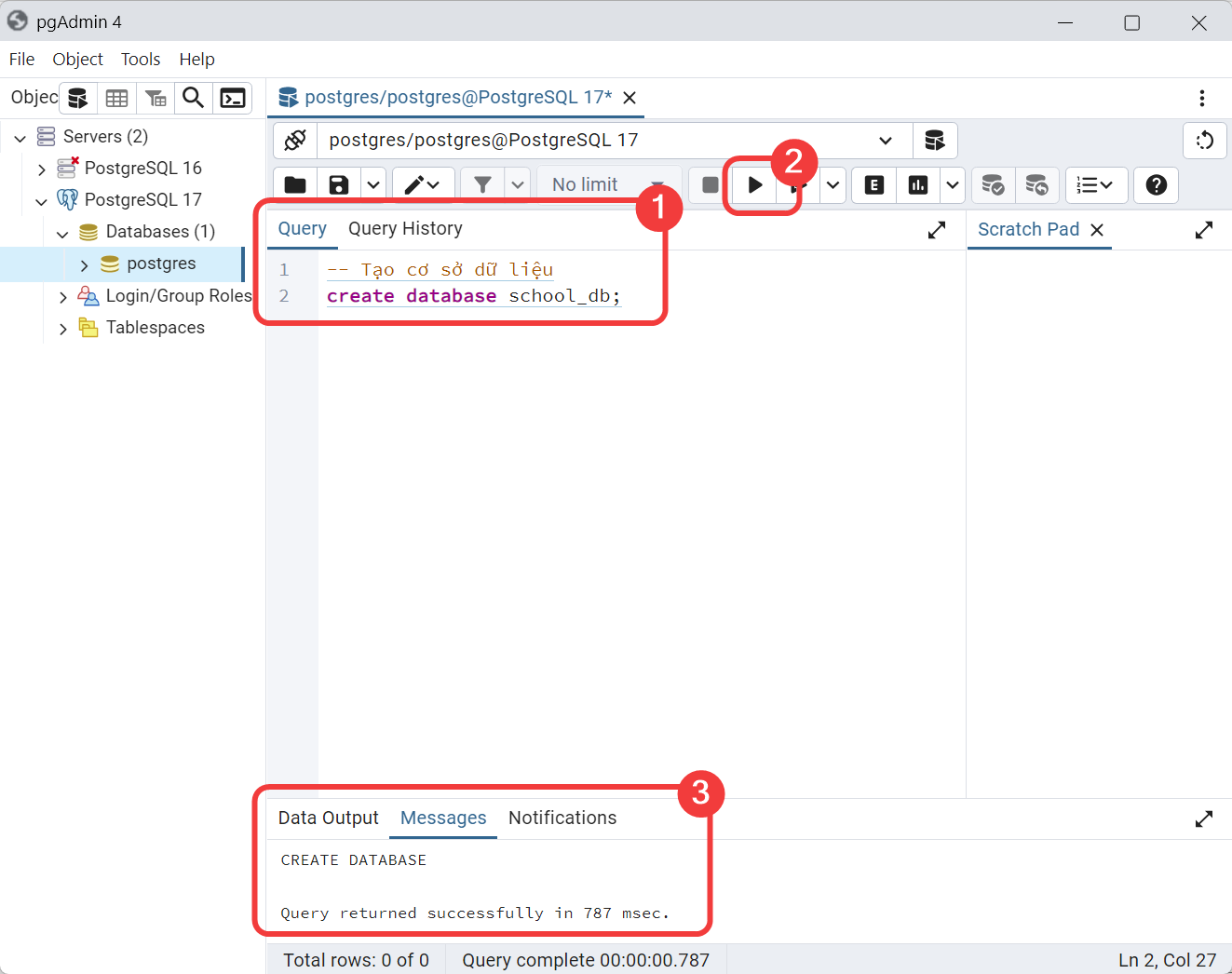 Tab Message dùng để xem thông báo về việc thực thi